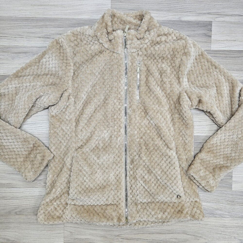 CALVIN KLEIN Womens Tan Fuzzy Full Zip Coat Large